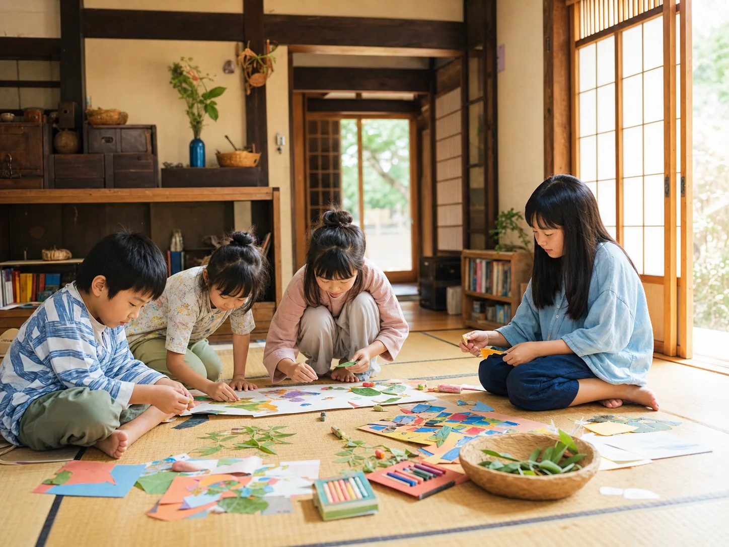 古民家の畳の上で工作を楽しむ子どもたち