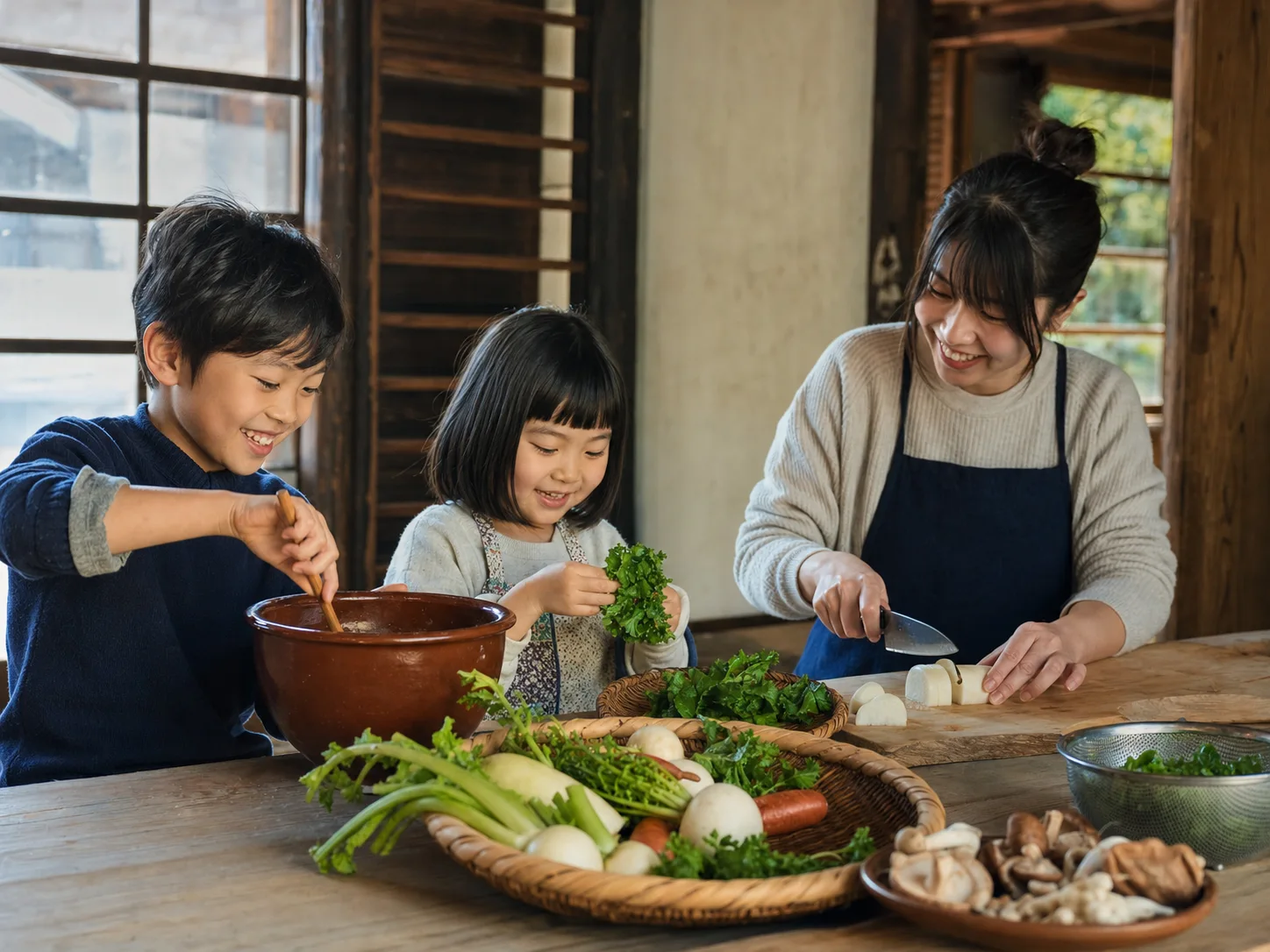 古民家の台所で料理をする子どもたち