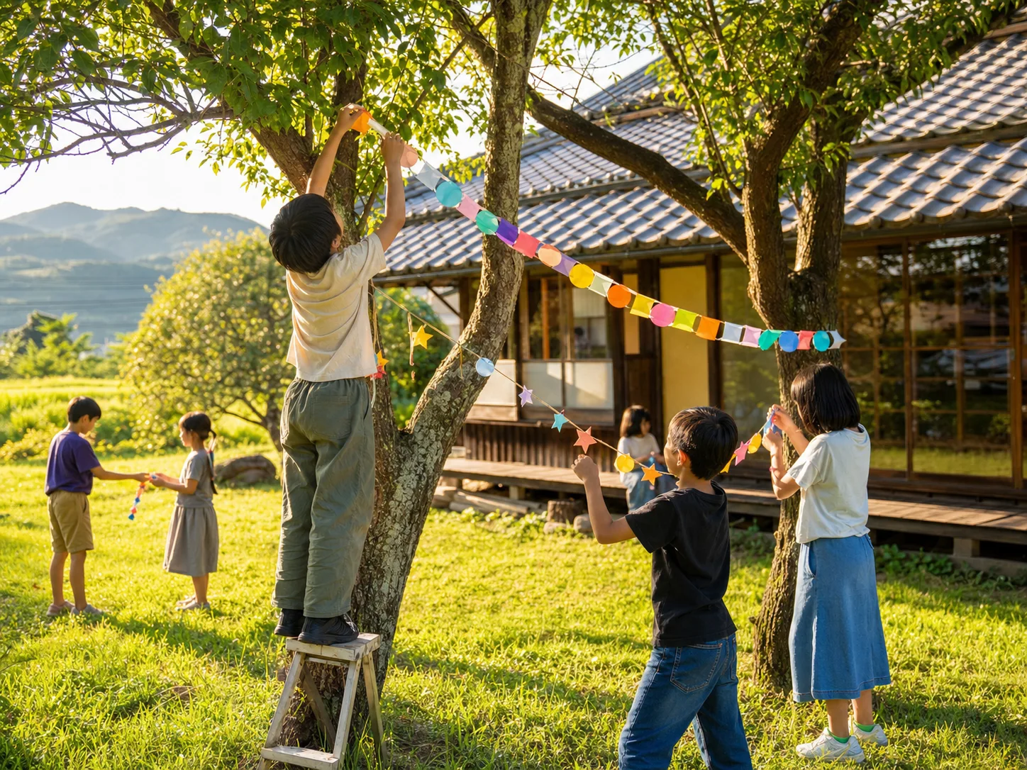 古民家の庭で飾りつけを楽しむ子どもたち