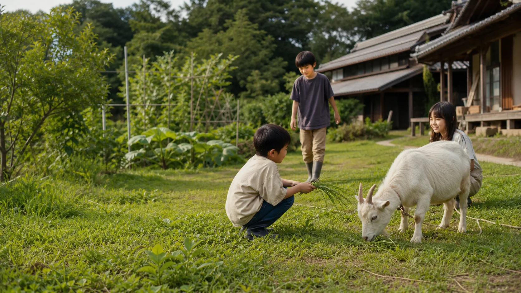 ヤギのつむぎと庭で過ごす子どもたち
