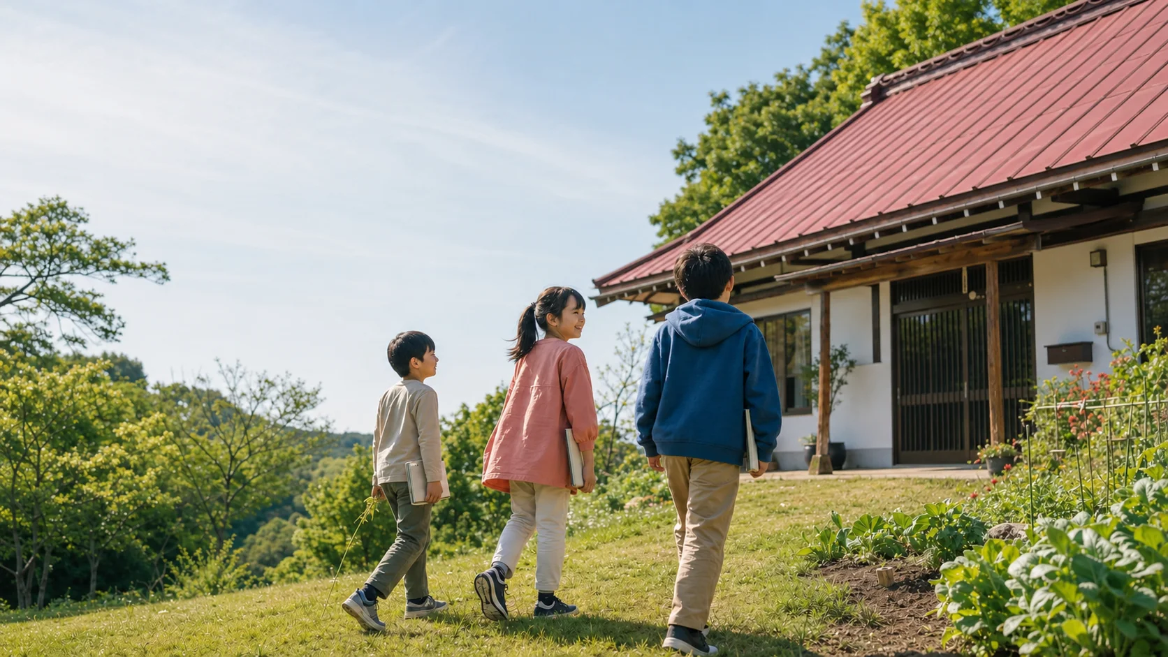 古民家へ向かう子どもたち