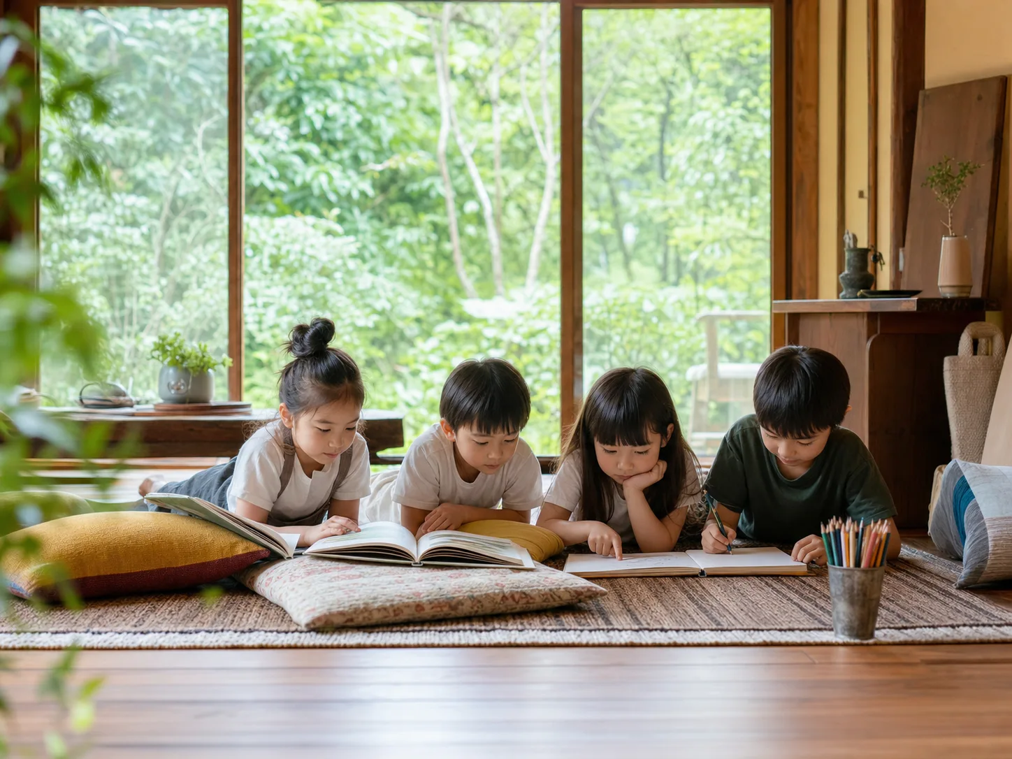 畳の上で本を読んだり絵を描いたりする子どもたち